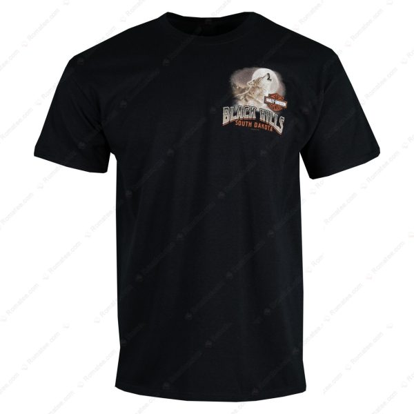 Black Hills Riders Vintage Harley-Davidson T-Shirt, Wolf Howling at Moon with Motorcycle Design