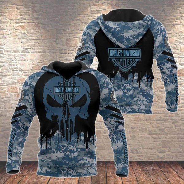 Blue And Gray Camo Punisher Skull Harley-Davidson Hoodie, Harley-Davidson Camouflage 3D Hoodie