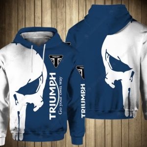 Blue and White Punisher Skull Graphic Triumph Motorcycles Merch, Triumph Skull Go Your Own Way Hoodie