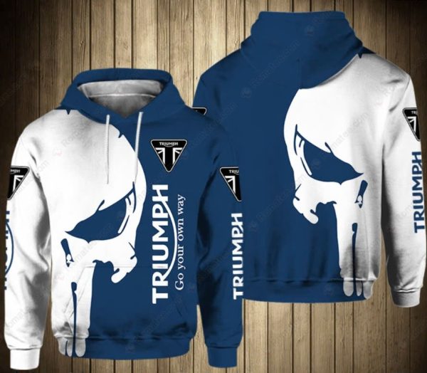 Blue and White Punisher Skull Graphic Triumph Motorcycles Merch, Triumph Skull Go Your Own Way Hoodie