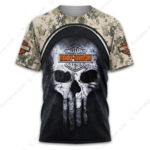 Camouflage Punisher Skull Harley-Davidson 3D Merch, 3D Printed Camo Harley-Davidson Tactical 3D T-Shirt