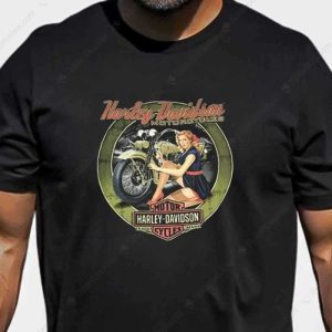 Confident Pin-Up Girl And Motorcycle Merch, Harley-Davidson Motorcycle Graphic T-Shirt