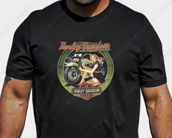 Confident Pin-Up Girl And Motorcycle Merch, Harley-Davidson Motorcycle Graphic T-Shirt