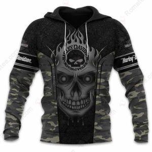 Dark and Moody Harley-Davidson Skull and Flames 3D All Over Print Hoodie