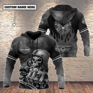 Harley Davidson Biker Skull Hoodie, All-Over Print with Flames and Logo