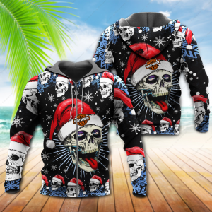 Harley Davidson Christmas Skull Hoodie, Santa Hats Skull and Snowflake Harley Davidson Hoodie