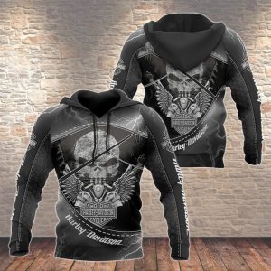 Harley-Davidson Dark Wings Engine Punisher Skull Hoodie, Harley-Davidson Black Lightning 3D All Over Print