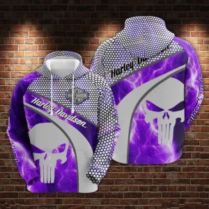 Harley-Davidson Electric Purple Punisher Skull Hoodie, Harley-Davidson Modern Hex-Pattern Hoodie