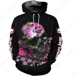 Harley Davidson Floral Skull Hoodie, All-Over Print with Pink Flowers