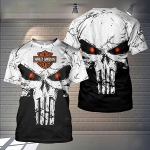 Harley-Davidson Glowing Eyes Punisher Merch, Black And White Harley-Davidson Punisher Skull Shirt