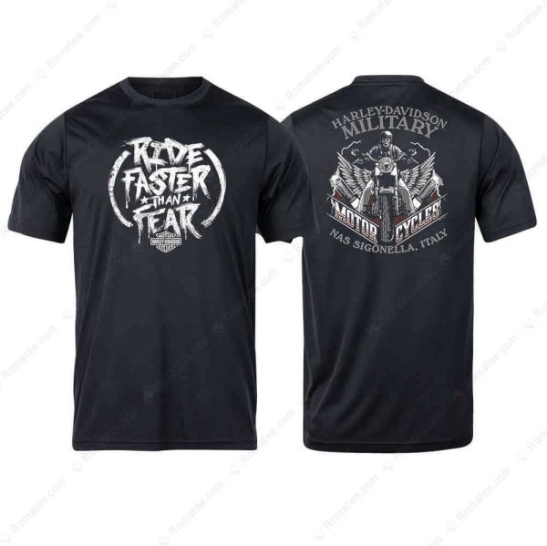 Harley-Davidson Ride Faster Than Fear Military Merch, H-D Military Skull Rider Winged Motorcycle T-Shirt