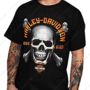 Harley-Davidson Ride Hard Skull Graphic Merch, Harley-Davidson Skull Crossbones T-Shirt