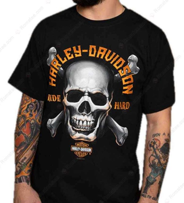 Harley-Davidson Ride Hard Skull Graphic Merch, Harley-Davidson Skull Crossbones T-Shirt