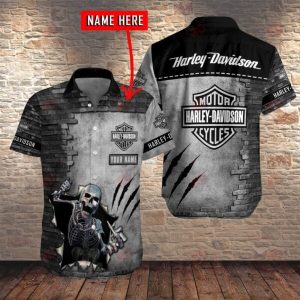 Harley-Davidson Skeleton And Brick Wall Merch, Personalized Skeleton with Wrench Hawaiian Shirt