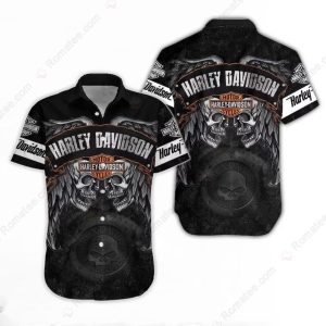 Harley-Davidson Skull Winged Confrontation Merch, Black and White Harley-Davidson Skull Hawaiian Shirt