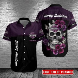 Harley-Davidson Skull with Purple Flowers And Butterflies Hawaiian Shirt