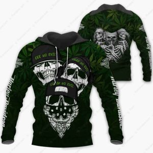 Harley-Davidson Three Wise Skulls Merch, Harley-Davidson Marijuana Skulls 3D All Over Print