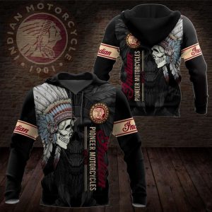 Indian Pioneer Motorcycle 3D Merch, Biker Warrior Indian Motorcycle Tribal Skull Hoodie