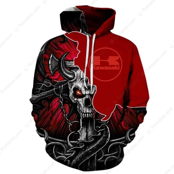 Kawasaki Motorcycle Devil Hoodie, Dark Gothic Kawasaki Skull & Sword 3D Merch