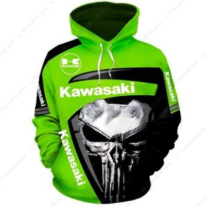 Kawasaki Motorcycle Punisher Skull Hoodie,  Green & Black Kawasaki Racing Hoodie