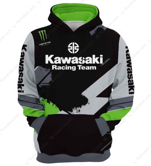 Kawasaki Racing Team And Monster Energy Hoodie, Kawasaki Motorcycle 3D Merch