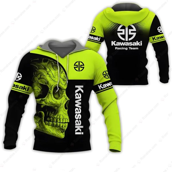 Kawasaki Racing Team Sugar Skull Hoodie, Stylized Skull with Kawasaki Logo Hoodie