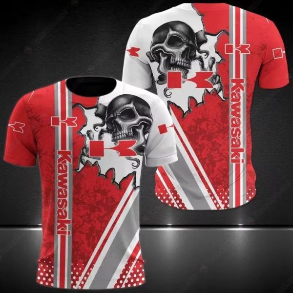 Kawasaki Skull Racing Stripes Merch, Red and Black Kawasaki Power & Passion 3D T-Shirt