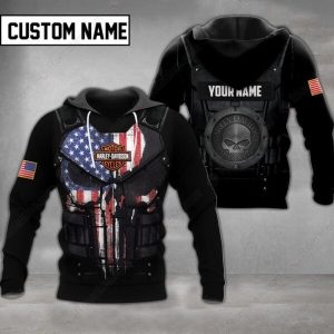 Personalized American Flag and Punisher Skull Harley-Davidson Merch, Military-Style Harley-Davidson Hoodie