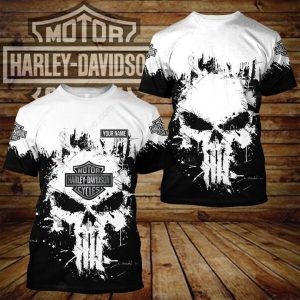 Personalized Harley-Davidson Punisher Splash Art T-Shirt, Black & White Grunge Punisher Skull 3D T-Shirt