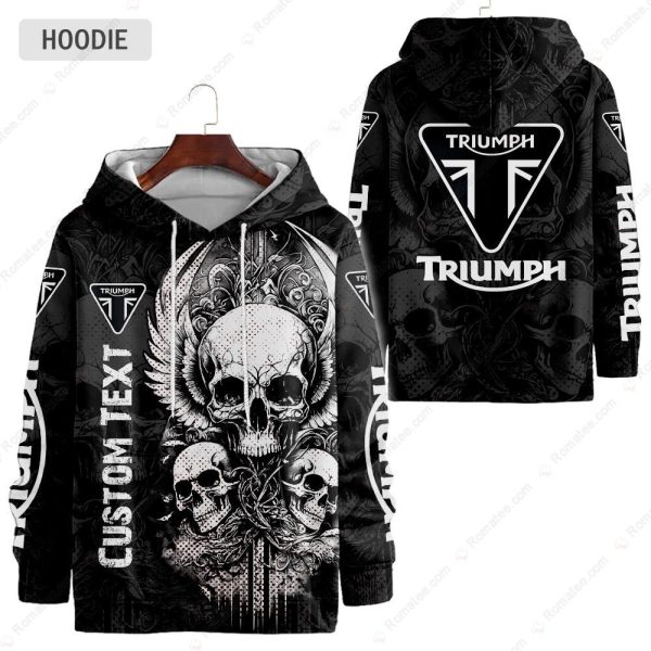 Personalized Triumph Motorcycles Three Skull Winged Merch, Skull with Wings in Black and White Design