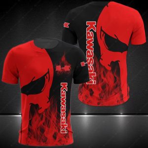 Red and Black Kawasaki Flame Punisher Skull 3D All Over Print T-Shirt