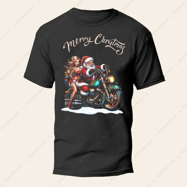 Santa and Helper Motorcycle Christmas T-Shirt, Motorcycle Pin-Up Christmas Biker Life Merch