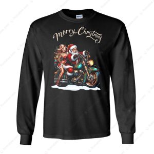 Santa and Helper Motorcycle Christmas T-Shirt, Motorcycle Pin-Up Christmas Biker Life Merch