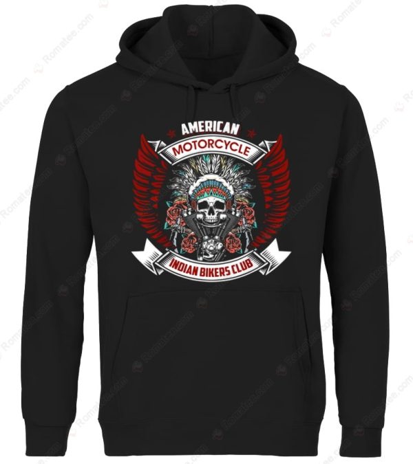 Skull and Native American Headdress Hoodie, Motorcycle Engine & Wings Design