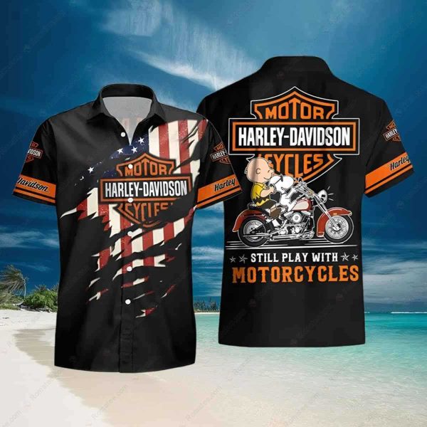 Snoopy Rides Harley-Davidson Hawaiian Shirt, Patriotic Design with American Flag and Fun Graphics