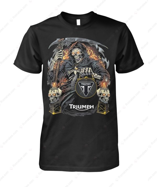 Triumph Grim Reaper Motorcycle Merch, Skull Throne Graphic with Flames