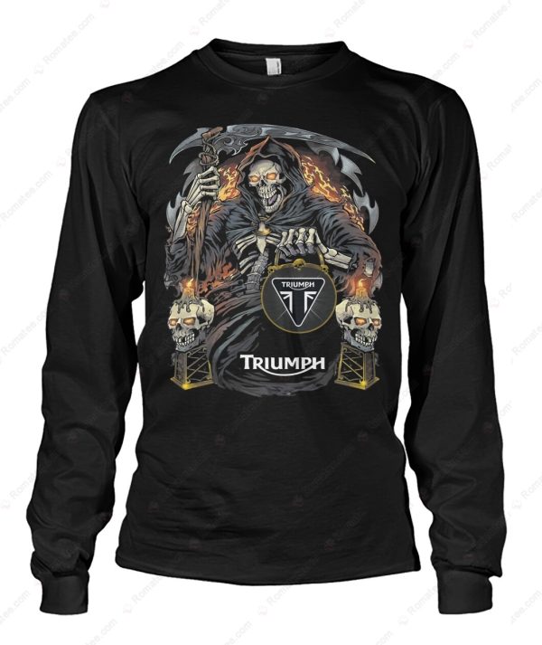 Triumph Grim Reaper Motorcycle Merch, Skull Throne Graphic with Flames