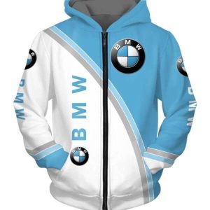 BMW Logo Blue and White Automotive Hoodie with Zipper and Hood