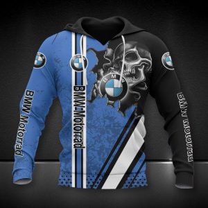 BMW Motorrad Skull Graphic Hoodie – Blue and Black with BMW Logos and Stripes