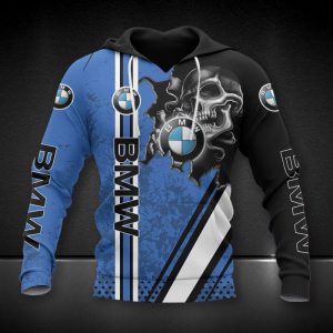 BMW Skull Graphic Hoodie with Blue and Black Design for Automotive Enthusiasts