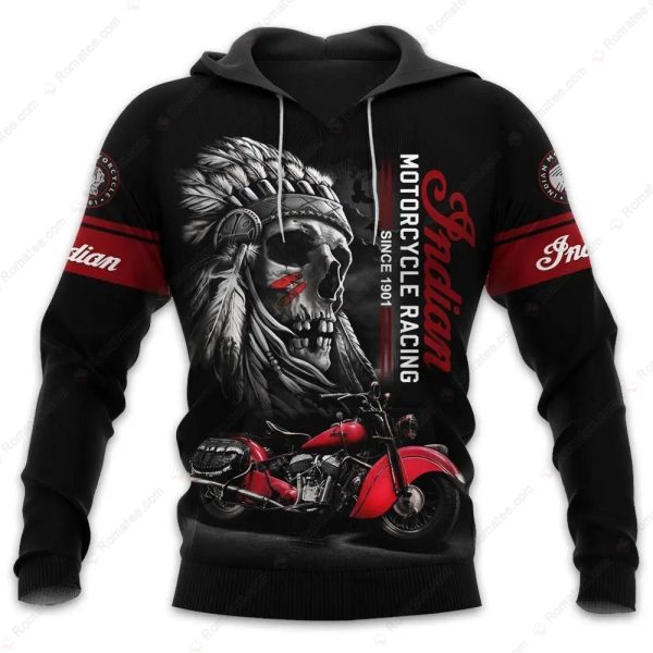 Black And Red Indian Motorcycle Skull & Headdress Hoodie, Skull & Motorcycle Pullover