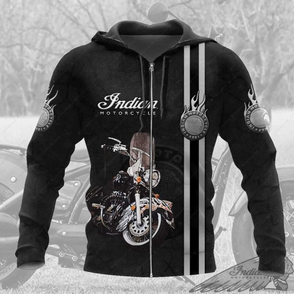 Classic Indian Motorcycle Logo Flame Hoodie, Gritty Black and Grey Design