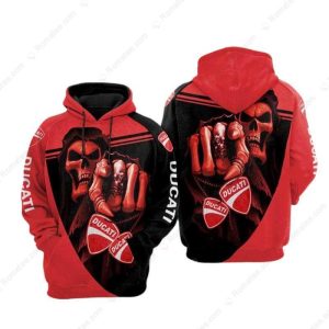 Ducati Motorcycle Skull Graphic 3D Hoodie, Red & Black Ducati Logo Print All-Over Hoodie