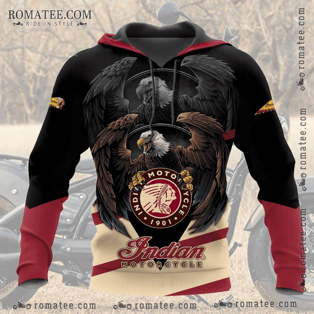 Eagle Emblem Hoodie with Indian Motorcycle Vintage Art and Bold Color Design