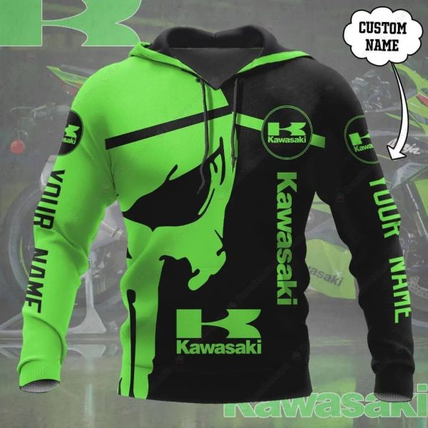 Green & Black Kawasaki Punisher Skull 3D Hoodie, Kawasaki Personalized Name Hoodie