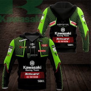 Kawasaki Racing Team Hoodie – Monster Energy, Showa, Akrapovic Sponsors – Black Green, Bold Design