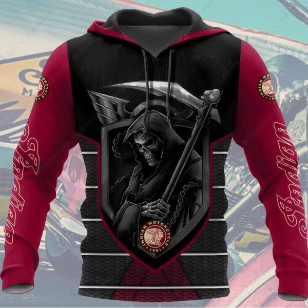 Grim Reaper Indian Motorcycle Hoodie – Edgy 3D Design in Black and Red