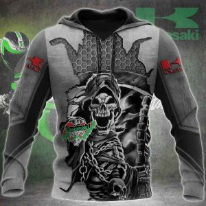 Grim Reaper and Chain Kawasaki Graphics Hoodie, Black, Gray & White with Mesh Pattern Design