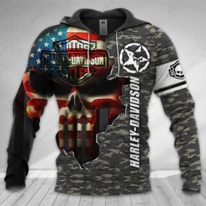 Harley-Davidson American Flag Skull Camo Merch, Harley-Davidson Patriotic Camo Hoodie