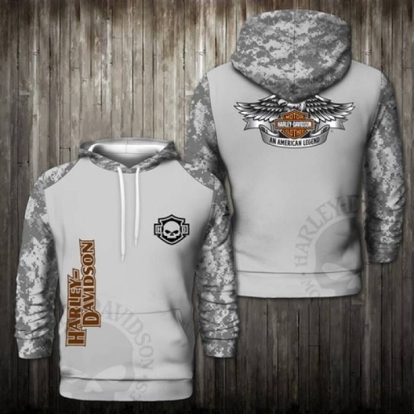 Harley-Davidson Camouflage Hoodie with Skull and Wings Design for Bikers